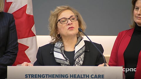 Minister of Immigration Lena Metlege Diab speaks to the media on Monday. 