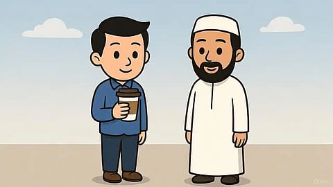 Person drinking coffee next to a muslim