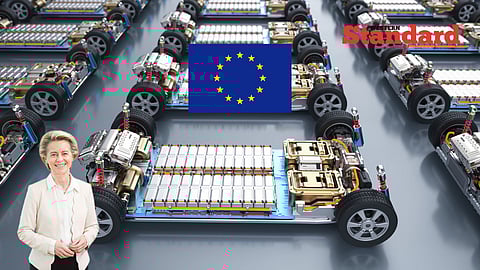 EU President Ursula Von Der Leyen amid EV's being manufactured