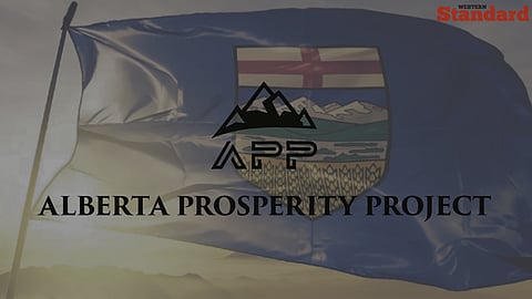 The Alberta Prosperity Project logo in front of a waving Alberta flag. 