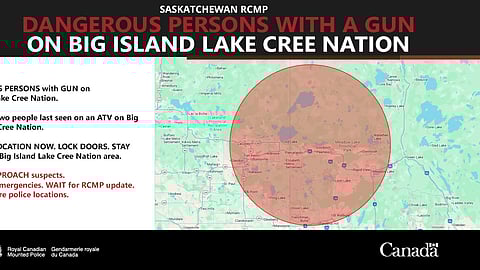 Saskatchewan RCMP's dangerous person alert poster, including a map of the alert area and instructions for individuals who live there. 