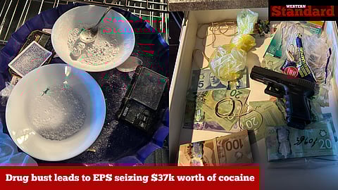 Photos of the cocaine, money, and firearm seized by EPS at a West Edmonton residence. 