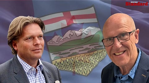 "Forever Canada" leader Thomas Lukaszuk and "Stay Free Alberta" leader Mitch Sylvestre placed in front of Canada and Alberta flags. 