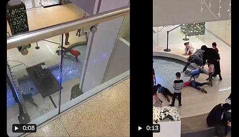 Screenshots from the videos of individuals grabbing coins from a West Edmonton Mall fountain. 
