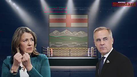 Danielle Smith and Mark Carney in front of a boxing ring, with the Alberta flag in the background. 