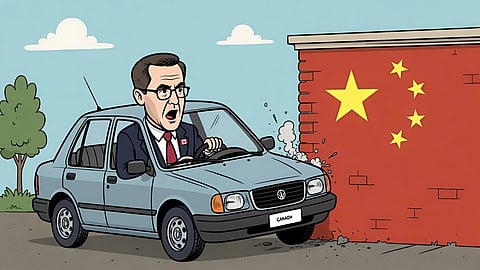 Mark Carney driving a car into a Chinese brick wall