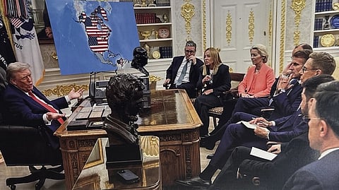 An edited photo shows Trump, other world leaders, with map of North American hemisphere under American control