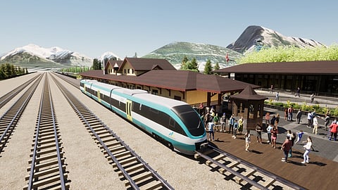 Calgary Airport Banff Rail arriving at Banff Train Station. 