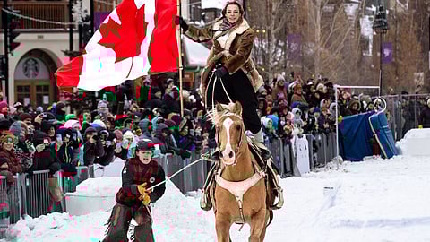 Skijoring in downtown Banff during the SnowDays festival