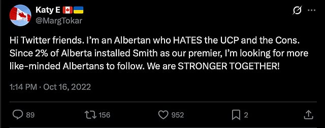 An X post by Marg Tokar declaring her hatred for the UCP. 