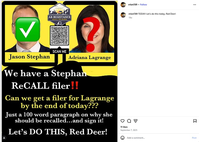 An Instagram post made by Marg Tokar, where she calls for someone willing to file an application to recall Adriana LaGrange