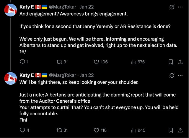 A screenshot of X posts made by Marg Tokar following the failure of the petition to recall Demetios Nicolaides. 