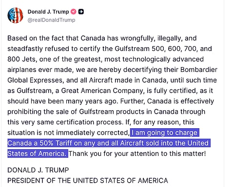 Trump announces all aircraft made in Canada to be decertified