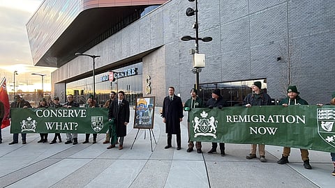 The Dominion Society of Canada put on a demonstration outside of the federal Conservative convention at the BMO Centre on Thursday.