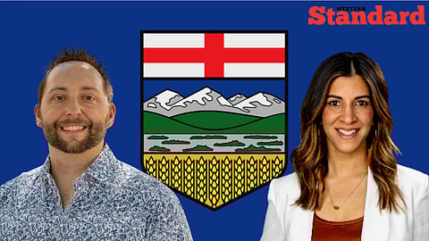 Justin Wright and Rahki Pancholi placed in front of an Alberta flag. 