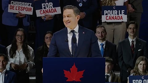 Pierre Poilievre delivering his speech at the Conservative convention in Calgary on January 30. 