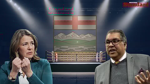 Premier Danielle Smith and Alberta NDP leader Naheed Nenshi standing in front of a boxing ring.