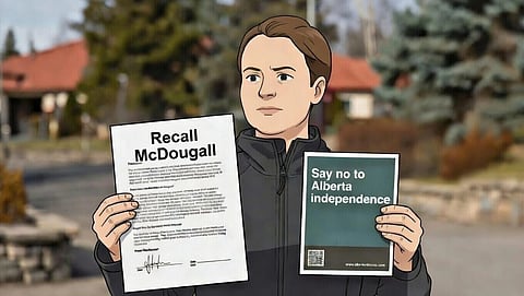 A petition canvasser gathering signatures to recall Myles McDougall, and also spreading information against Alberta independence. 