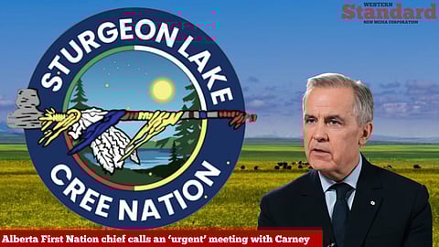 The Sturgeon Lake Cree Nation logo is next to Mark Carney in front of the plains of Alberta. 