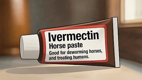 A cartoon tube of Ivermectin, saying that it is good for deworming horses and treating horses. 