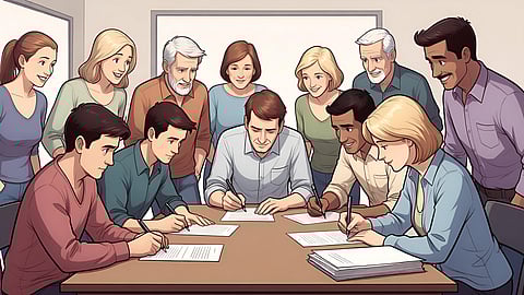 Individuals gathering in a room to sign the Alberta independence petition. 