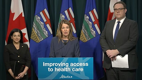 Premier Danielle Smith at a press conference in Calgary on February 18, 2026. 
