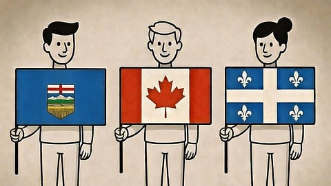 Three individuals holding an Alberta, Canada, and Quebec flag. 