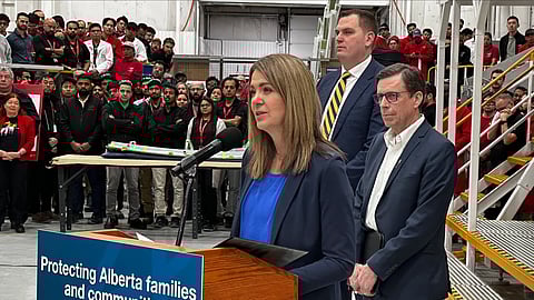 Premier Danielle Smith at a press conference in Calgary on February 17, 2026. 