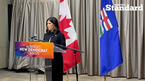 Rahki Pancholi speaking at a press conference following Danielle Smith's announcement of an immigration referendum. 