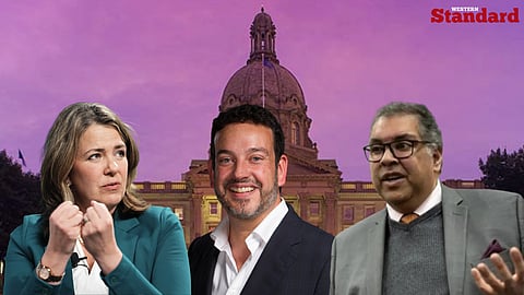 Danielle Smith and Naheed Nenshi with Gil McGowan placed in the middle. 