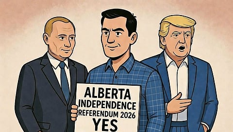 Vladimir Putin and Donald Trump standing behind an Alberta independence supporter. 