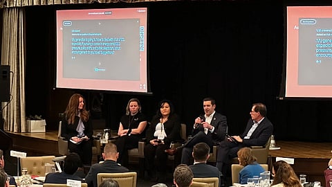 A panel of oil and gas industry insiders at the Calgary Petroleum Club on February 26, 2026. (Left to right): Lisa Mueller (President and CEO of FutEra Power Corp.), Heather Exner-Pirot (Senior fellow and Director of Energy, Natural Resources and Environment at the Macdonald-Laurier Institute), Karen Ogen (CEO of First Nations Natural Gas Alliance), Trevor Ebl (President of Canadian Natural Gas Pipelines, TC Energy), and Bryan Gould (Founder and Executive chair of Aspenleaf Energy).