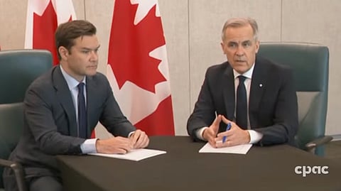 A screenshot of Matt Jeneroux and Mark Carney meeting in Edmonton. 