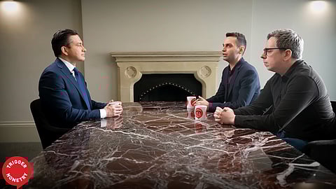 Conservative leader Pierre Poilievre (left) on the Triggernometry podcast with hosts Konstatin Kisin and Francis Foster. 