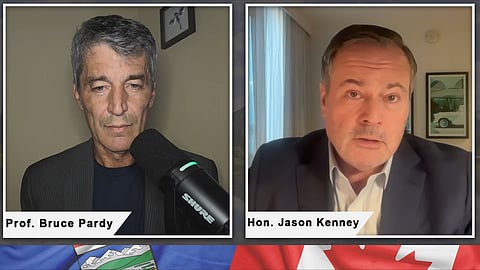 A screenshot from the debate between Bruce Pardy and Jason Kenney.