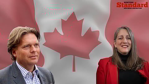Thomas Lukaszuk and ACFA President Nathalie Lachance in front of a Canadian flag. 