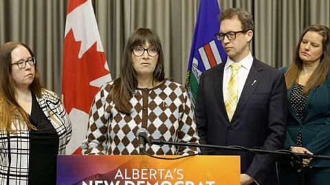 NDP MLAs Diana Batten, Marlon Schmidt, Christina Gray, and Heather Sweet speaking to reporters. 