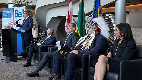 Saskatchewan Premier Scott Moe (far left) with the Minister of Crown Investments Corporation Jeremy Harrison, Bell Canada CEO Mirko Bibic, George Gordon First Nation Chief Shawn Longman and Saskatchewan Chamber of Commerce CEO Prabha Ramaswamy announcing the construction of an AI data centre on the outskirts of Regina.