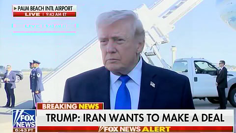 US President Donald Trump talks to reports about the ongoing war in Iran