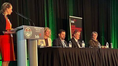 Aminah Robinson Fayek, VP Research, University of Alberta (far left), Lindsay Smith, Director, Space, Marine and Defence - Innovation, Science & Economic Development Canada, Defence, Diogo Brandao, Senior Director Policy - Defence Investment Agency, Jason Hann, Deputy Director, Defence Exports Division - Global Affairs Canada, and Wendy Hadwen, Assistant Deputy Minister (Policy-Industry) - Department of National Defence, at DEFSEC West in Calgary on March 25, 2026. 