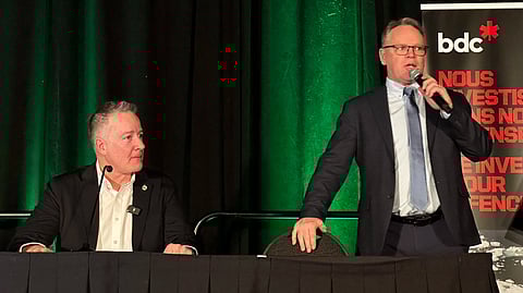 Canadian Secretary of State for Defence Procurement Stephen Fuhr (left) with Colin Stephenson, Executive Director of DEFSEC West in Calgary on March 26, 2026. 