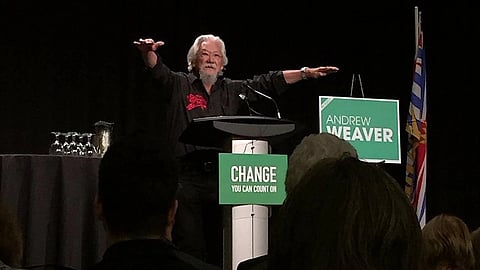 David Suzuki endorses BC Green Party leader Andrew Weaver at a campaign rally in Victoria, April 2017. 