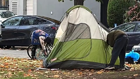 Tent camp being set up on Pandora Street in Victoria, 2025. Drug user camps similar to Vancouver’s Downtown Eastside have sprung up in many communities.