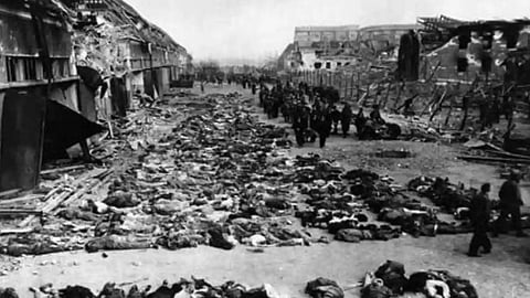 April 12, 1945 - A portion of the bodies found by US troops when they arrived at Nordhausen concentration camp in Germany