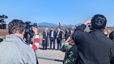 Fellow Conservative Party of Canada MPs Aaron Gunn, Marc Dalton, Tamara Jansen, Brad Vis, and others, wait for the party leader Pierre Poilievre's arrival.