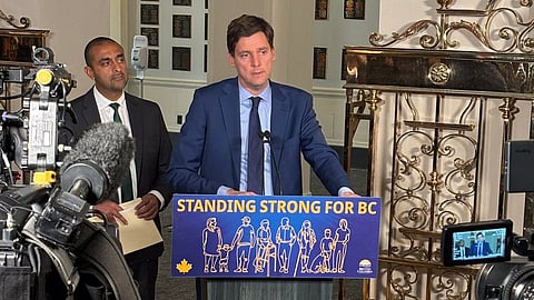 British Columbia Premier David Eby and MLA Ravi Kahlon at a Legislative Assembly press conference following Question Period, April 13, 2026. 