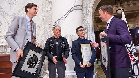 BC Premier David Eby (left) and Indigenous Relations Minister Spencer Chandra Herbert (right) exchange gifts with representatives of the Kitselas First Nation on completing a treaty, at the BC legislature, April 15, 2026.