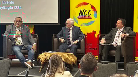 Stephen Buffalo, CEO of the Indian Resource Council (left), Michael Binnion, founder of Questerre Energy Corporation, and Steve Majors, litigation partner at Bennett Jones at the National Coalition of Chiefs Clean Energy Summit in Calgary on April 21. 