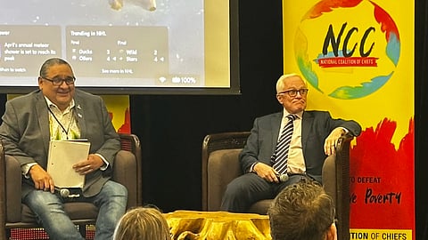  Stephen Buffalo (left), CEO of the Indian Resource Council and Michael Binnion, founder of Questerre Energy Corporation at the National Coalition of Chiefs Energy Summit in Calgary on April 21, 2026. 