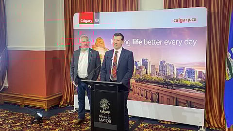 Councillor Dan McLean and Mayor Jeromy Farkas at press conference announcing housing accelerator funding is secure